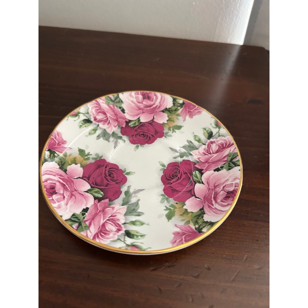Crown Trent Fine Bone China Rose Saucer Made in England Pink Floral Gold Trim